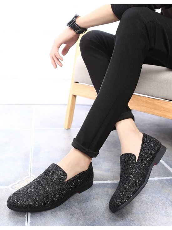Men\'s Black Leather Glitter Sparkly Loafers Slip On Tuxedo Formal Events Shoes main image 4